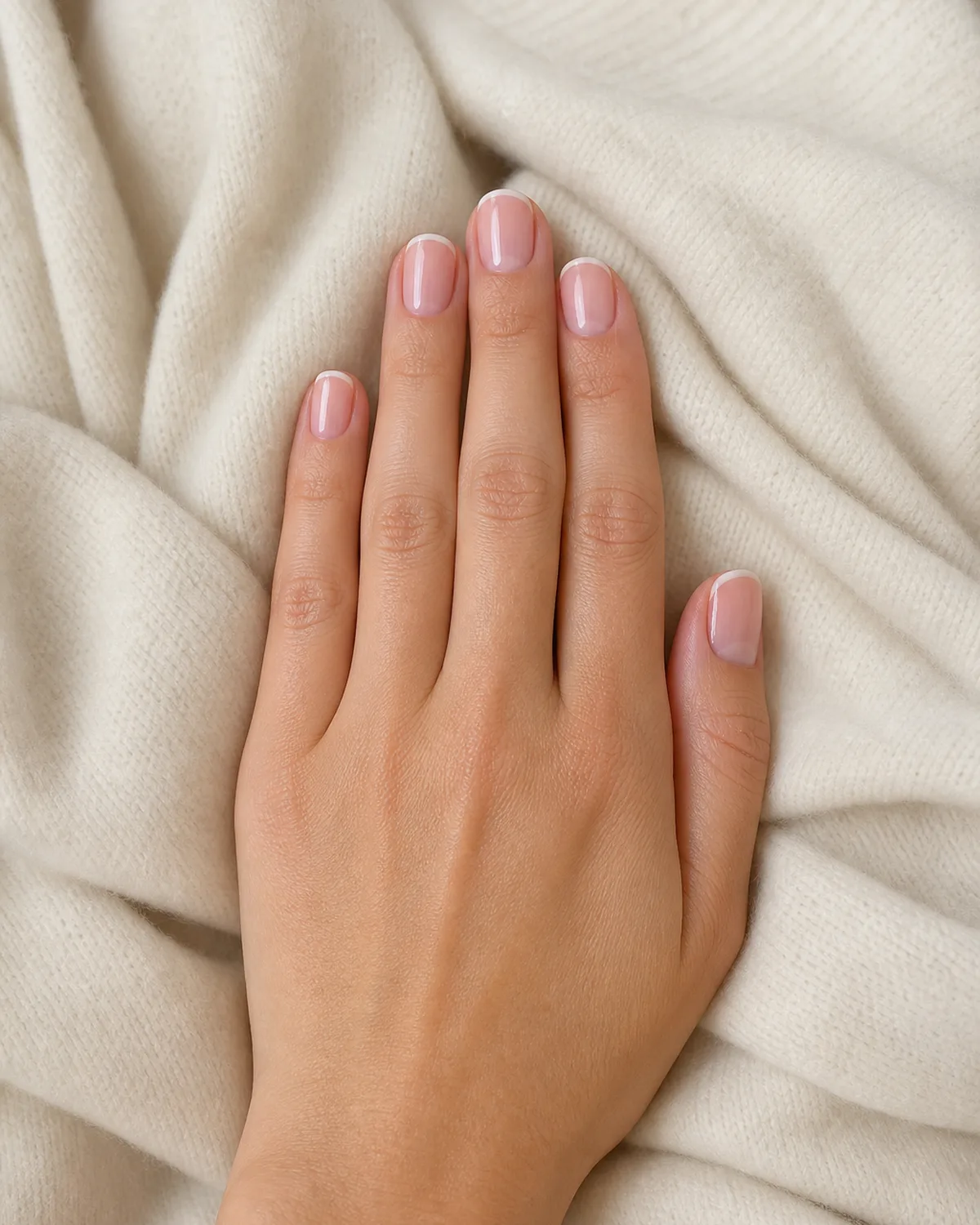 Barely-visible white micro French tip on sheer pink base, short round nails resting on cream cashmere