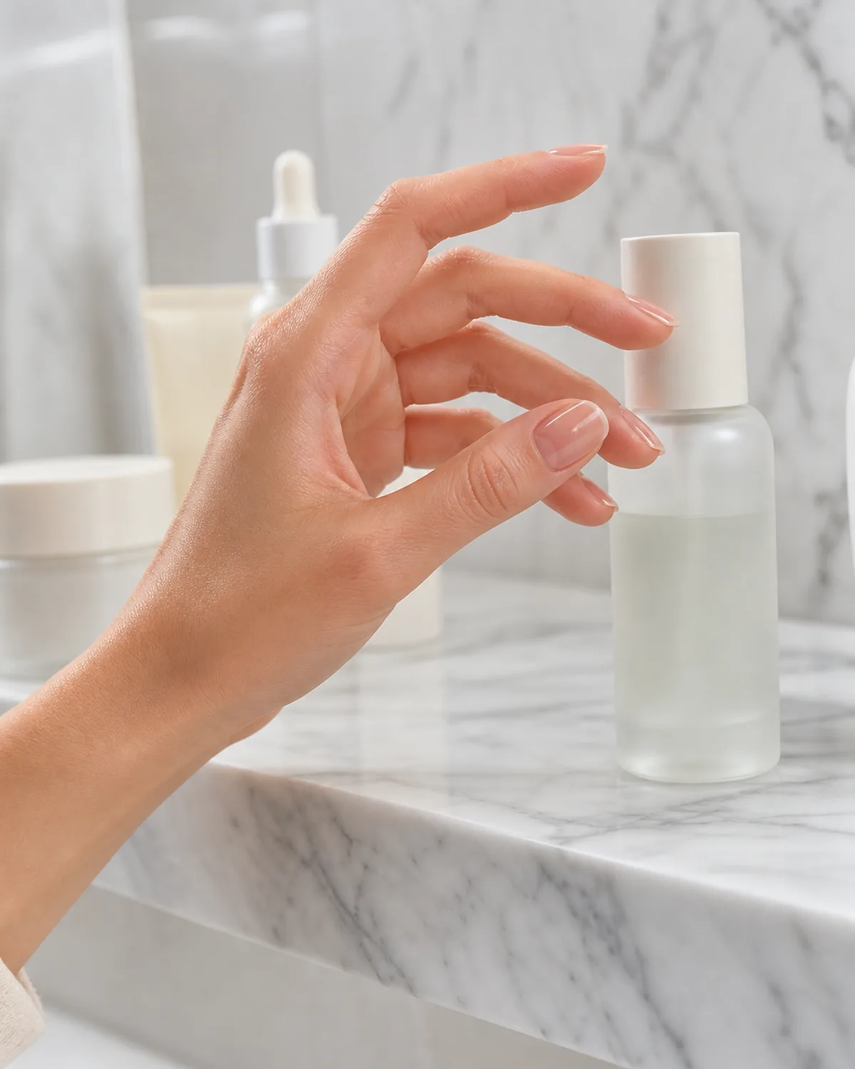 Transparent tinted hardener on medium oval nails with glass-like shine, hand reaching for skincare bottle