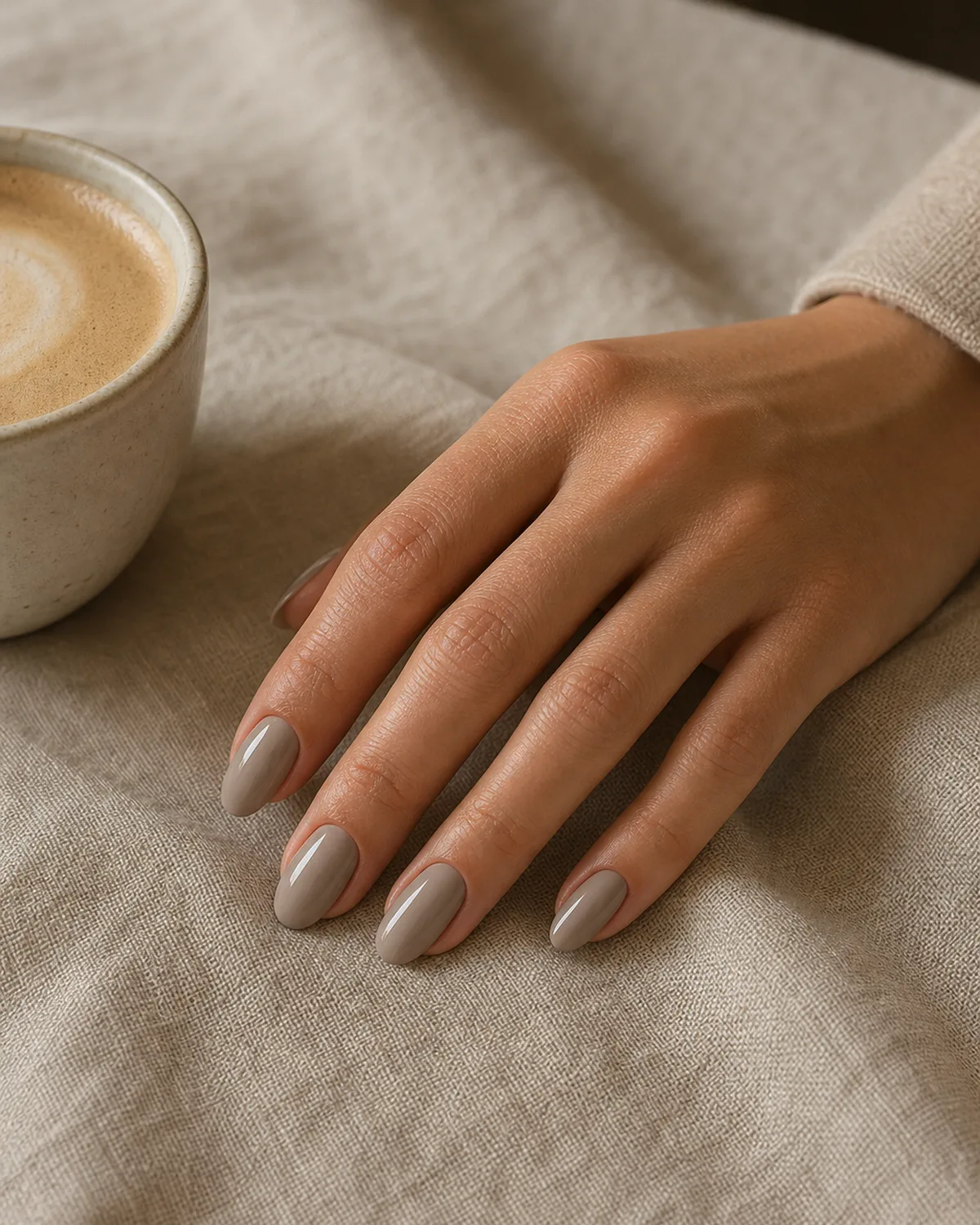 Warm greige on medium almond nails, hand resting beside a latte on beige linen tablecloth