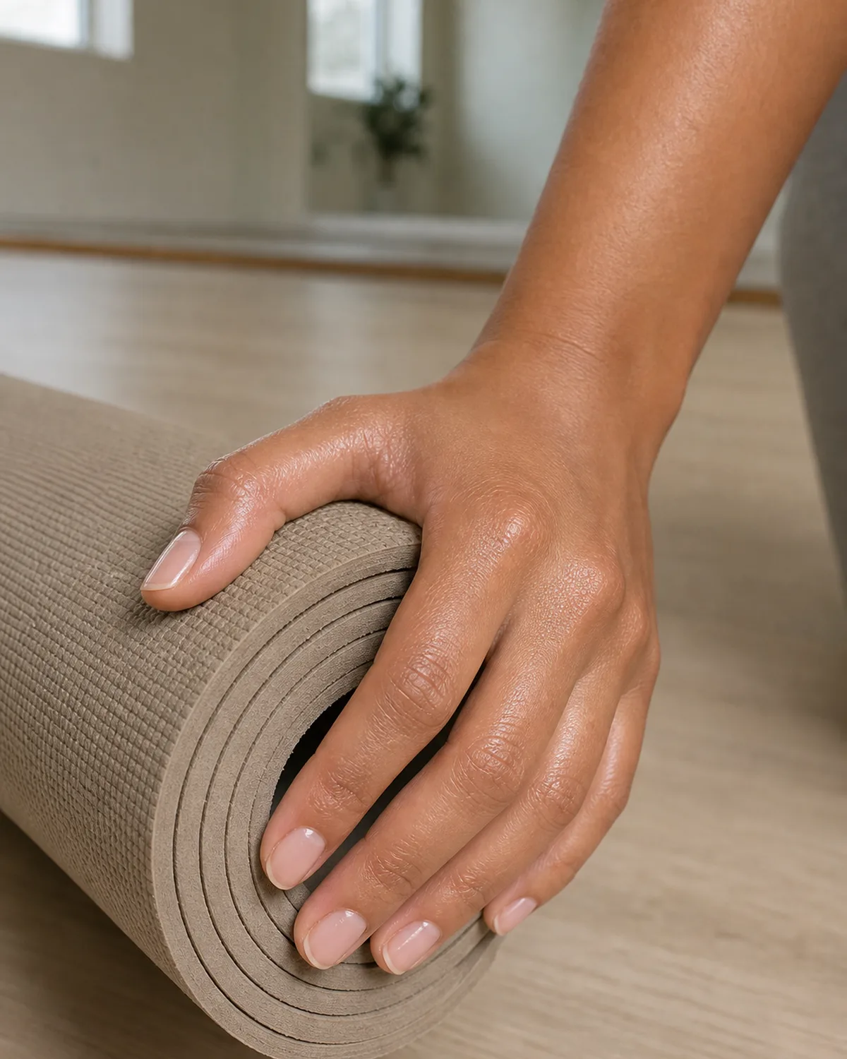 Healthy rosy sheer on short nails with satin finish, hand gripping rolled-up yoga mat