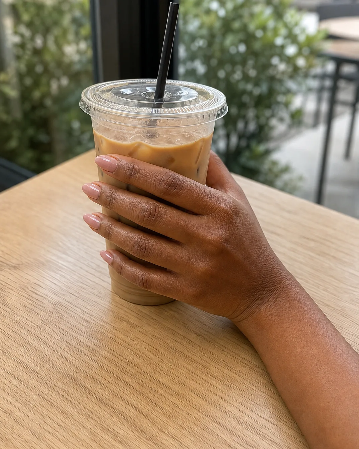 Warm sheer pink gel on medium almond nails, hand holding iced coffee in a clear cup at a cafe