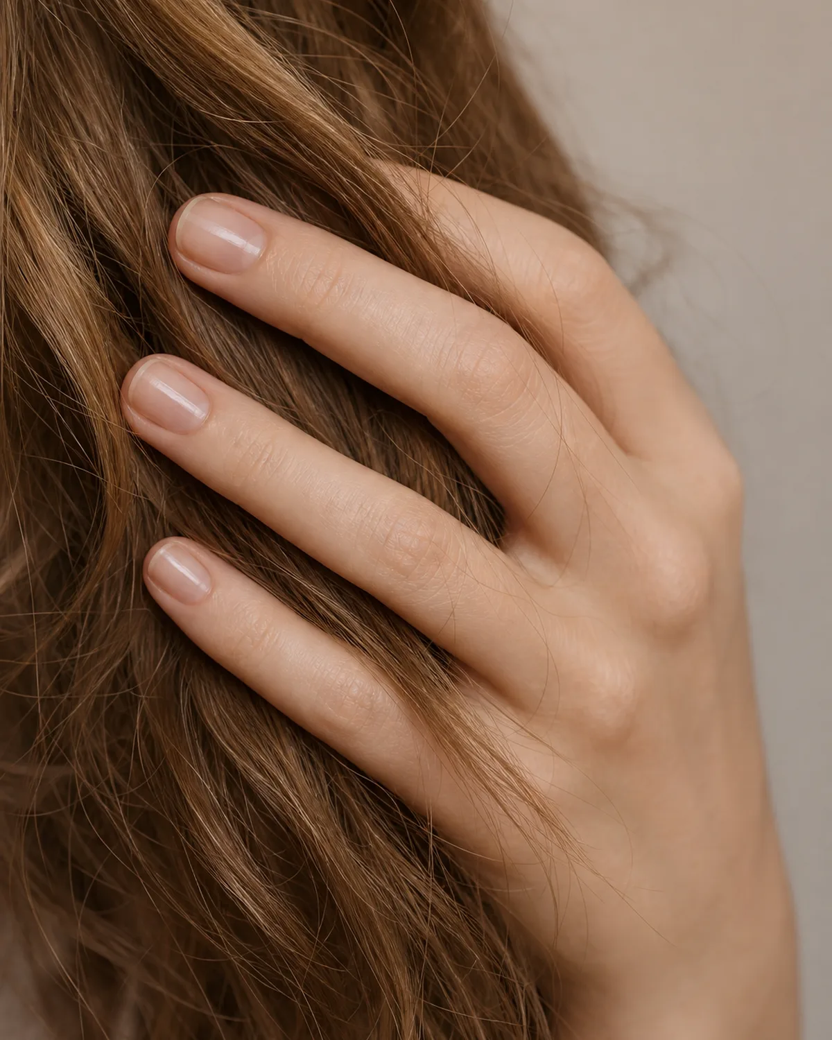 Crystal-clear strengthening coat on healthy natural short square nails, hand running through hair