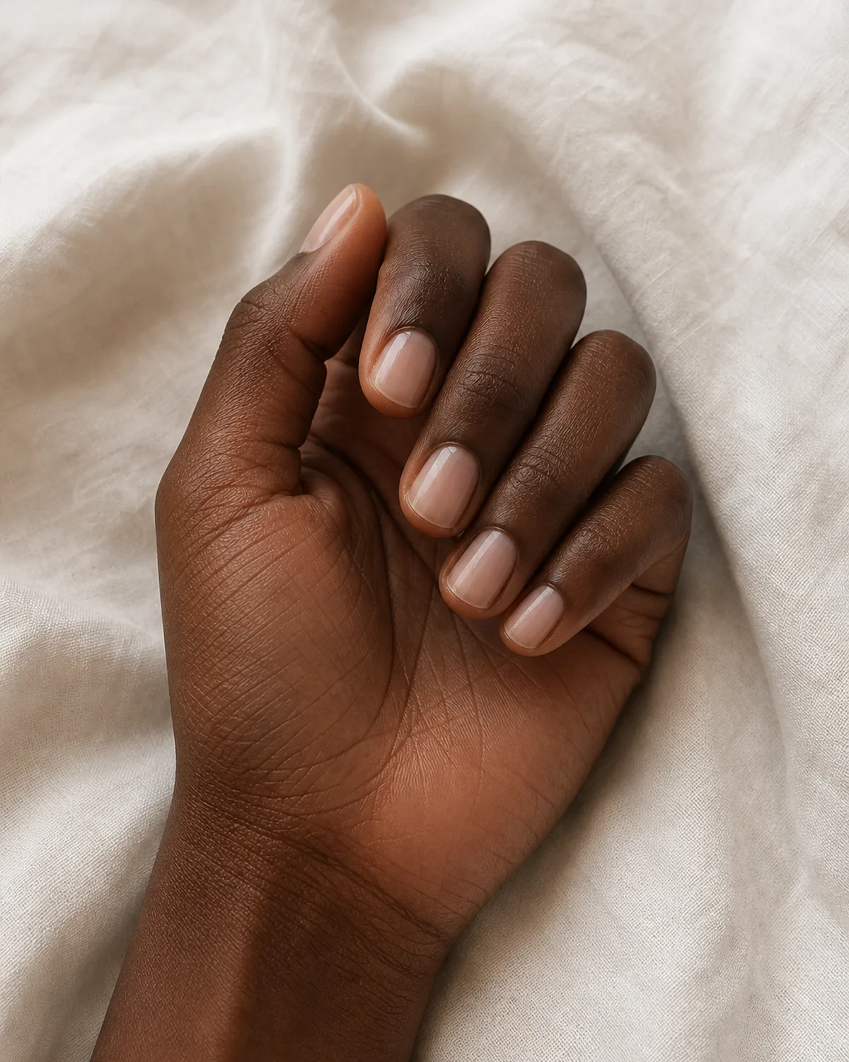 Milky sheer coat on natural nails showing healthy sheen, hand resting on white linen