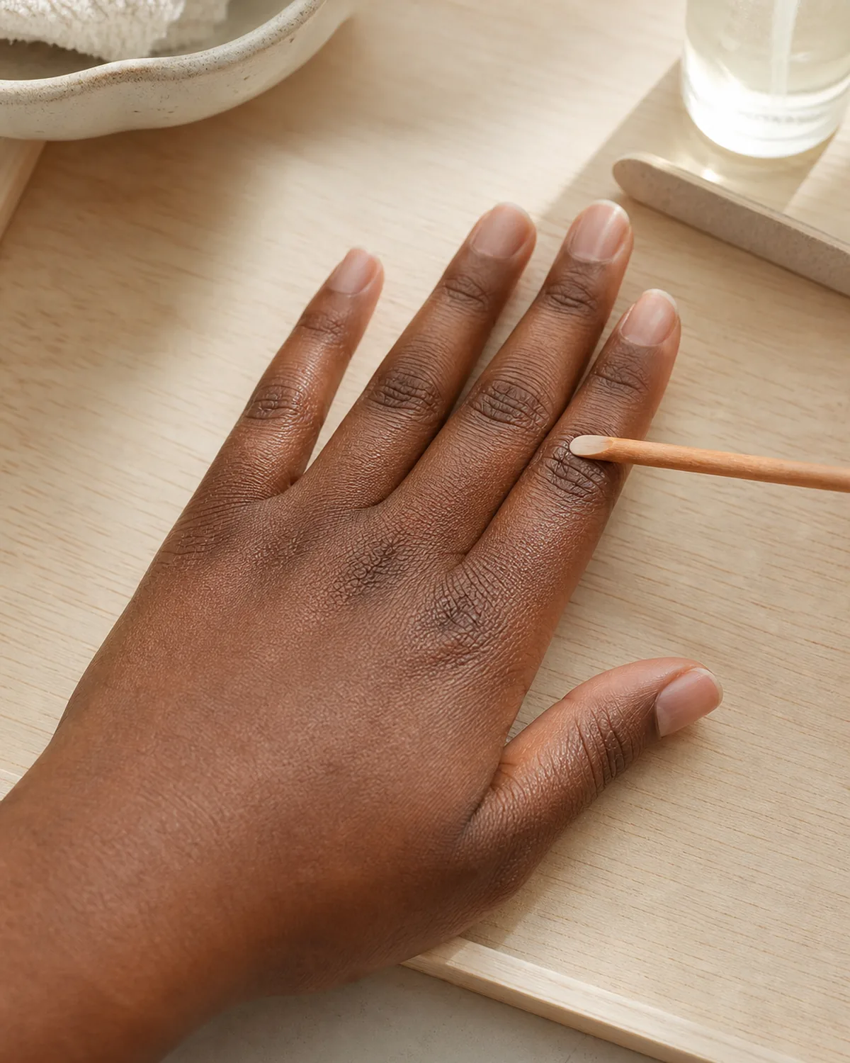 Single hand with orange-wood stick gently pushing cuticle on ring finger on pale wood tray