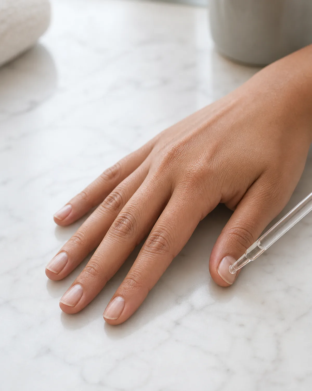 Single hand palm-down on white marble with glass dropper applying cuticle oil to thumbnail