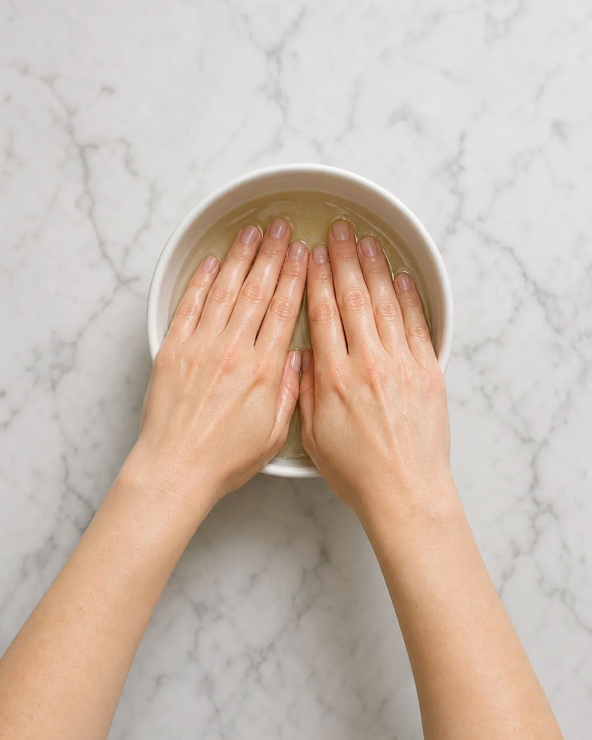 Both hands submerged fingertips-first in a white ceramic bowl of warm water on marble surface