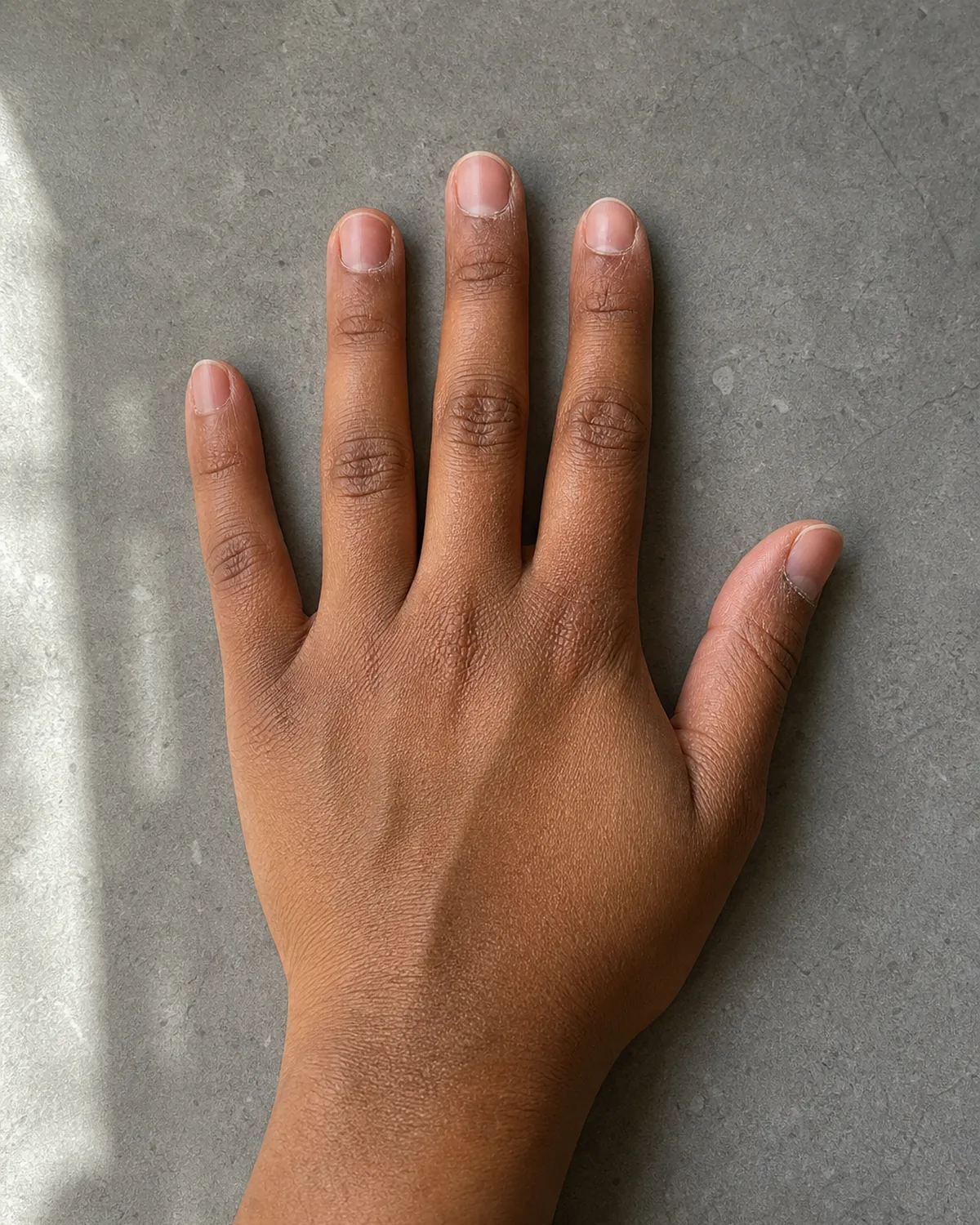 Single hand splayed palm-down on grey stone showing dry cuticle skin around nail beds