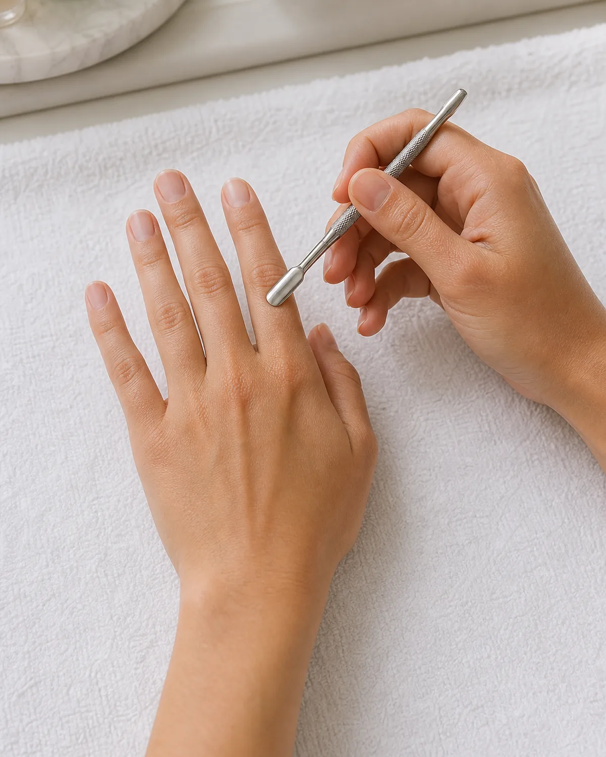 Two hands with stainless steel cuticle pusher pressing against index finger cuticle on white terry cloth