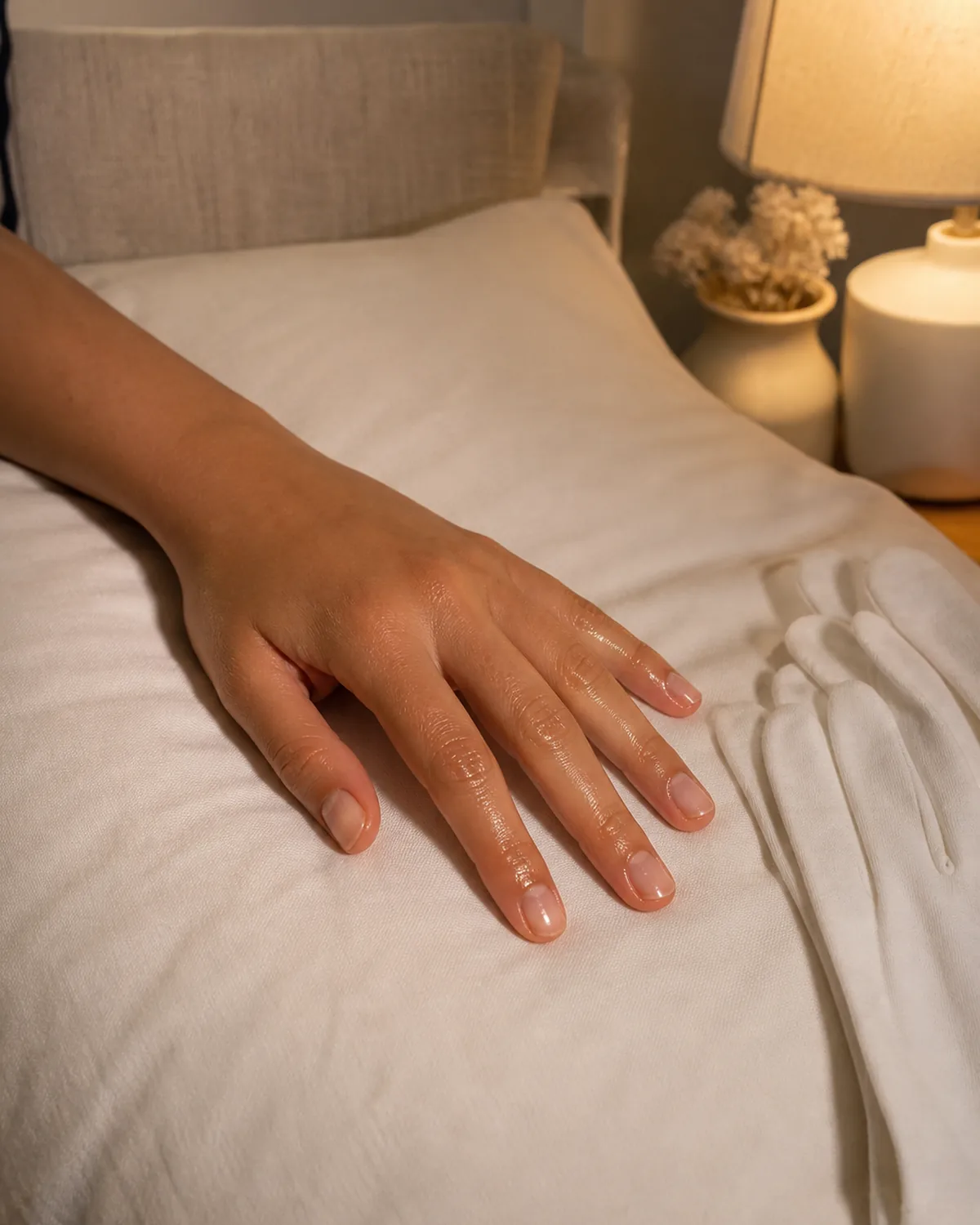 Single hand resting on soft white pillow with fingertips glistening from cuticle oil beside cotton gloves in warm lamp light