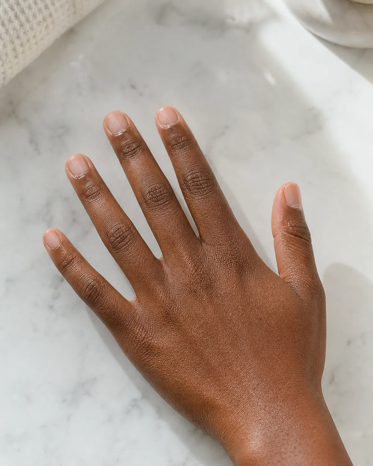 Single hand palm-down on white marble with thin glistening petroleum jelly line around each cuticle edge