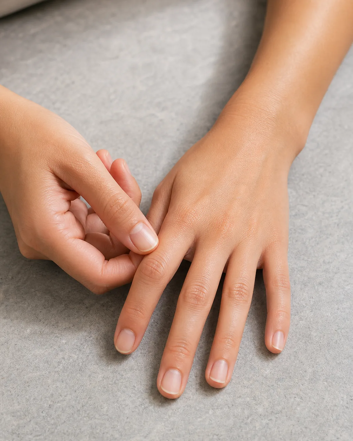 Two hands with one thumb pressing on cuticle area of other hand examining cuticle condition on grey stone