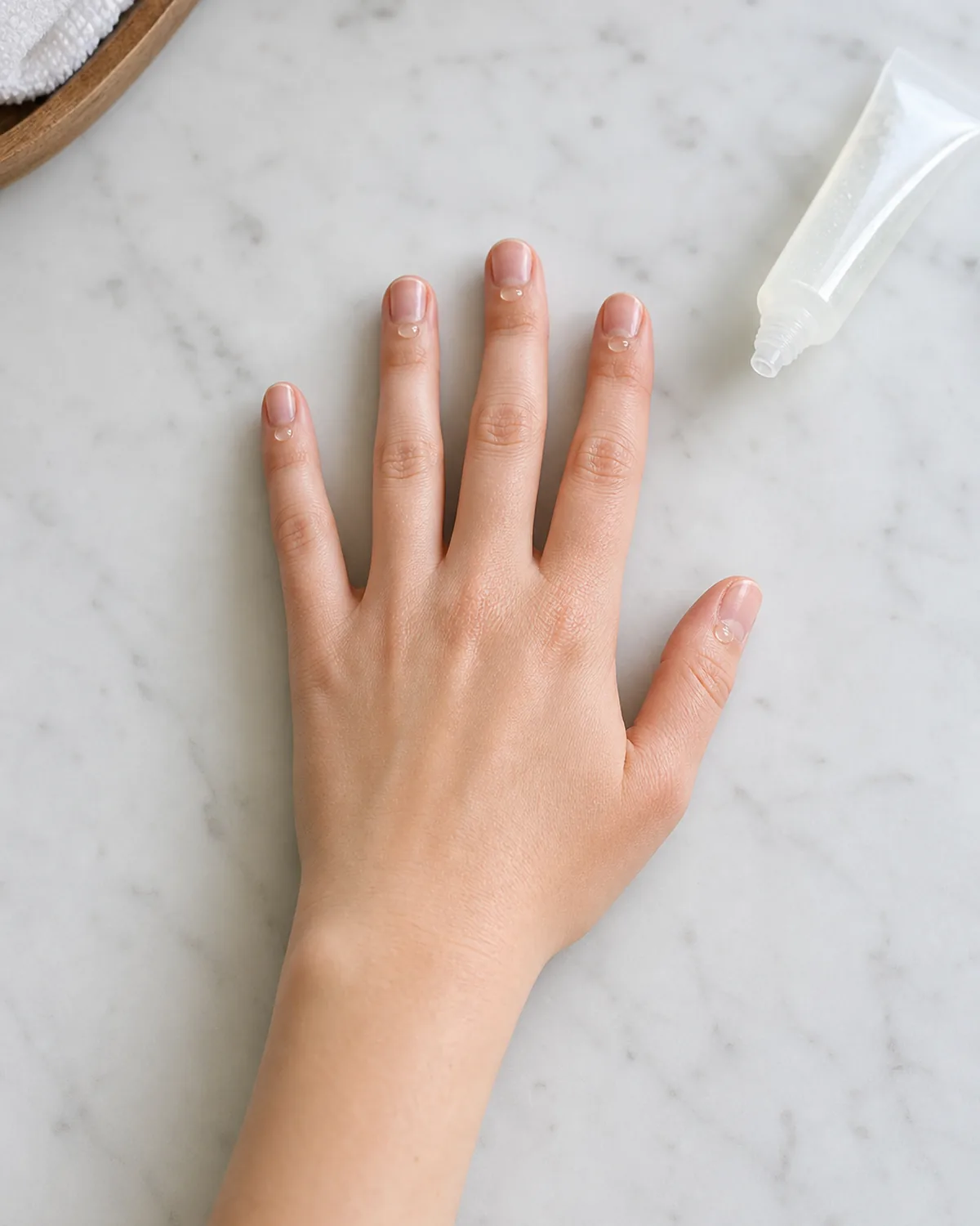 Single hand resting on white marble with small clear gel beads of cuticle remover visible on each cuticle