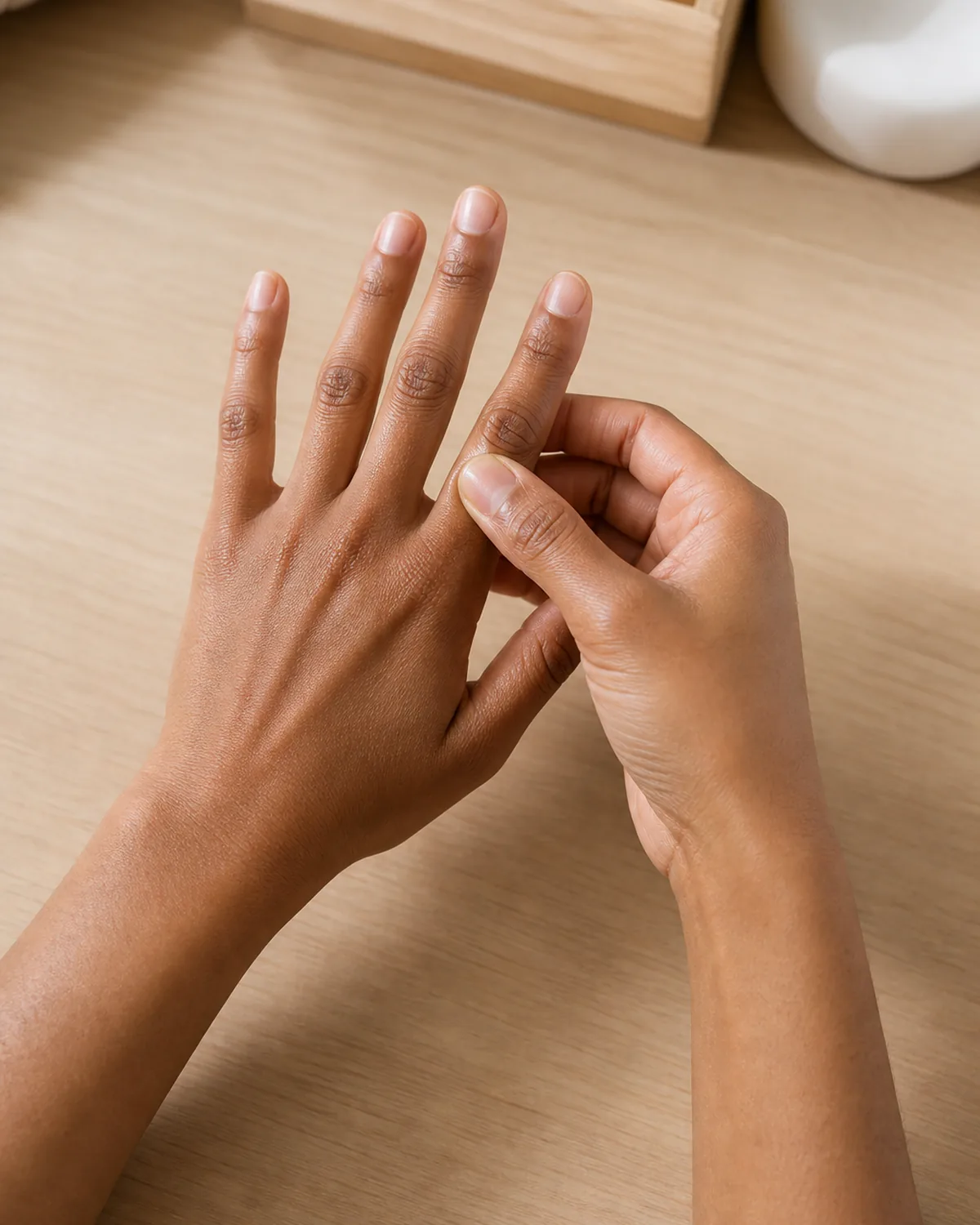 Two hands with thumb pressing in circular motion at the base of ring finger nail on pale wood surface
