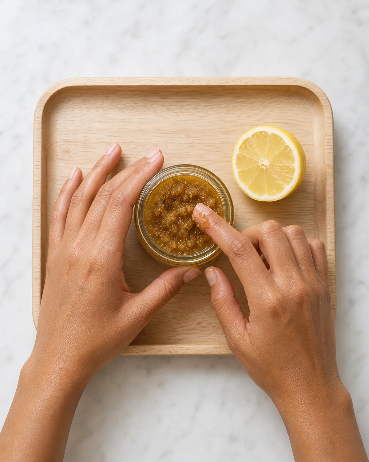 Overhead view of both hands near glass jar of sugar-olive-oil scrub with lemon half on pale wood tray