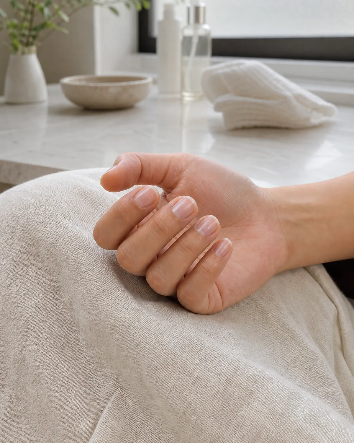 Single hand resting on cream linen lap with fingers naturally curled showing slight cuticle overgrowth