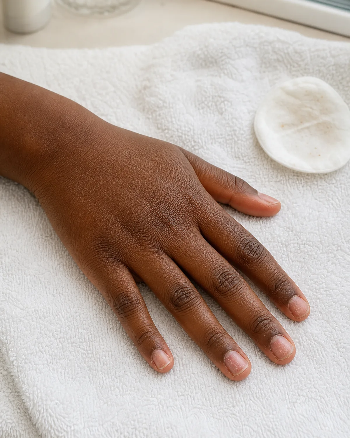 Single hand resting on white terry towel with slightly dry cuticles after gel removal and cotton pad nearby