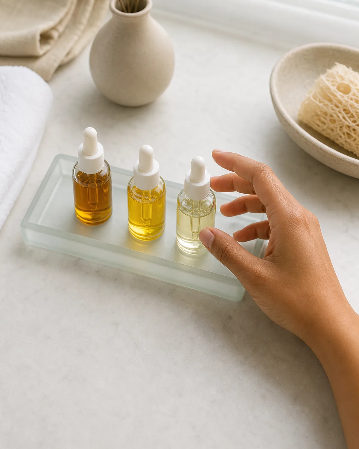 Single hand reaching toward three small oil bottles on a frosted glass tray with amber vitamin E golden argan and pale almond oils