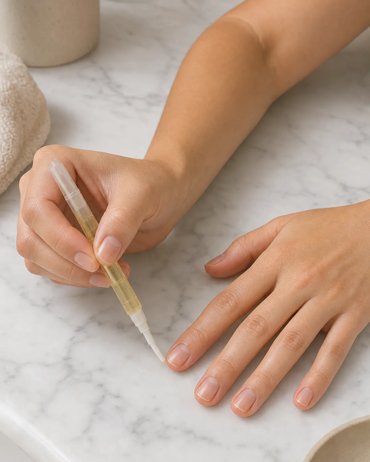 Two hands with cuticle oil pen applying oil to pinky finger cuticle on white marble surface