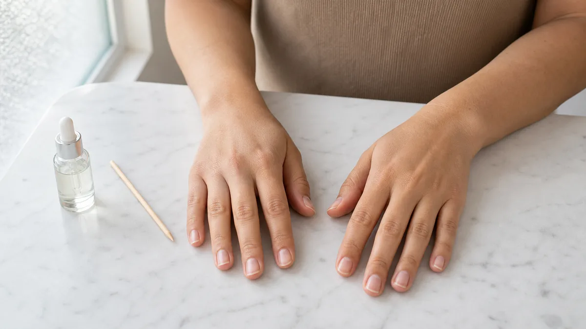 Two hands with clean natural nails resting on white marble beside a glass cuticle oil dropper and orange-wood stick