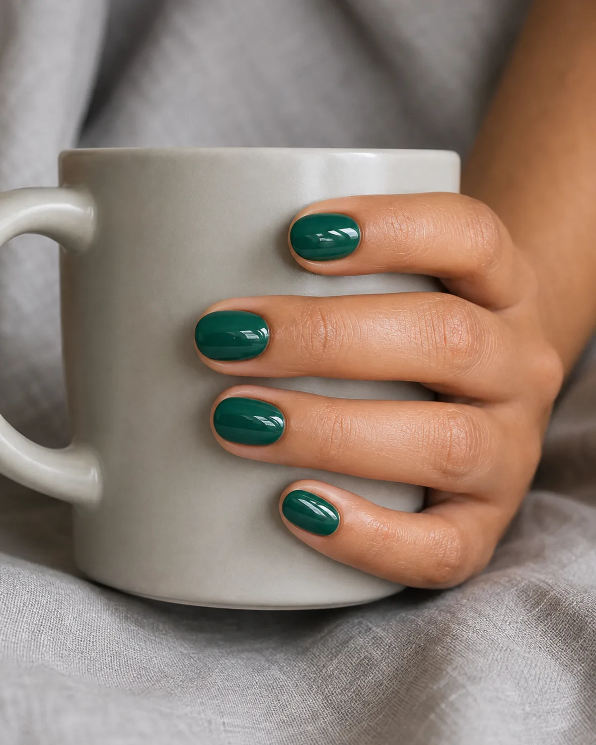 Emerald with subtle blue undertone gloss on medium round nails