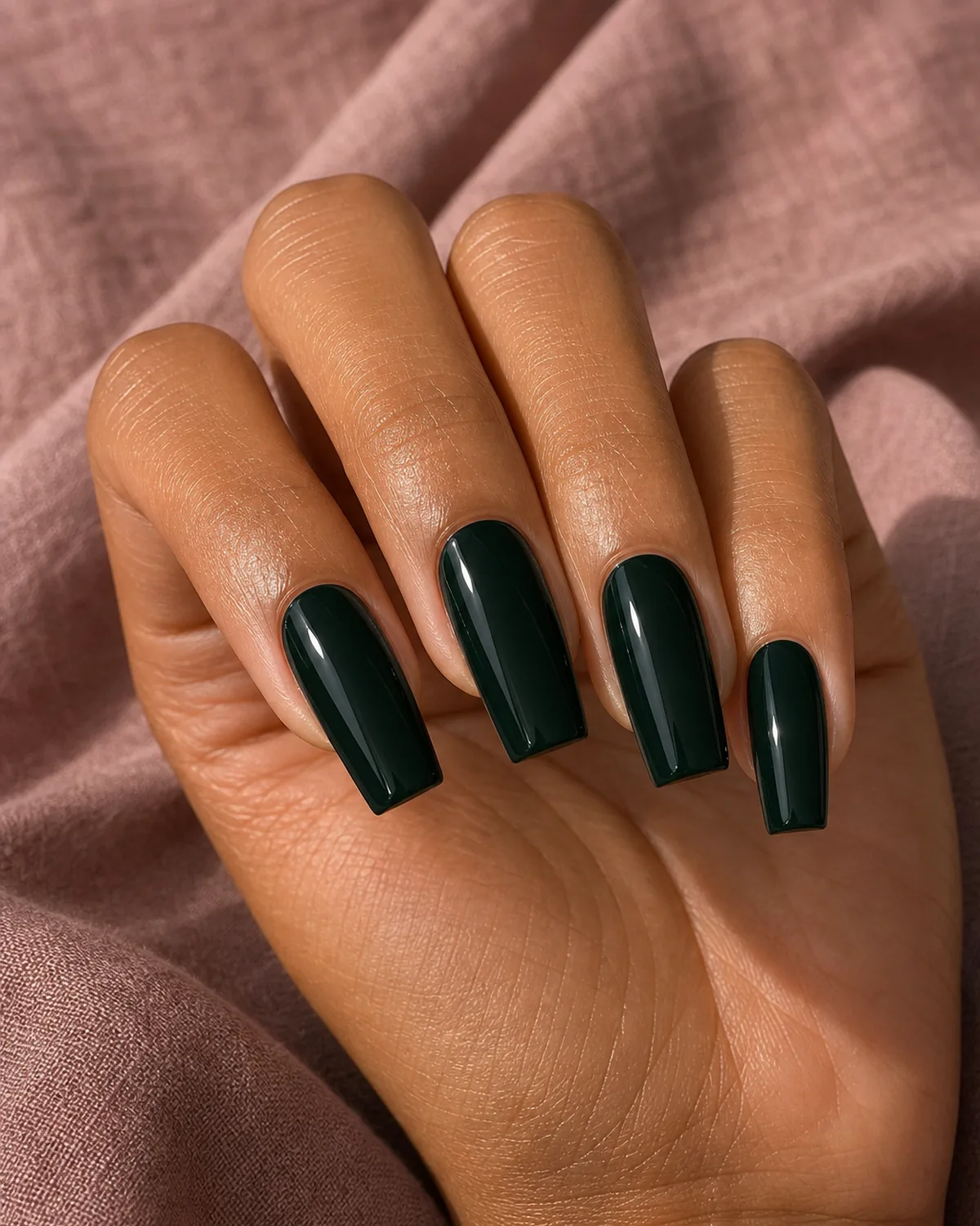 Deep bottle-green gloss on long square nails