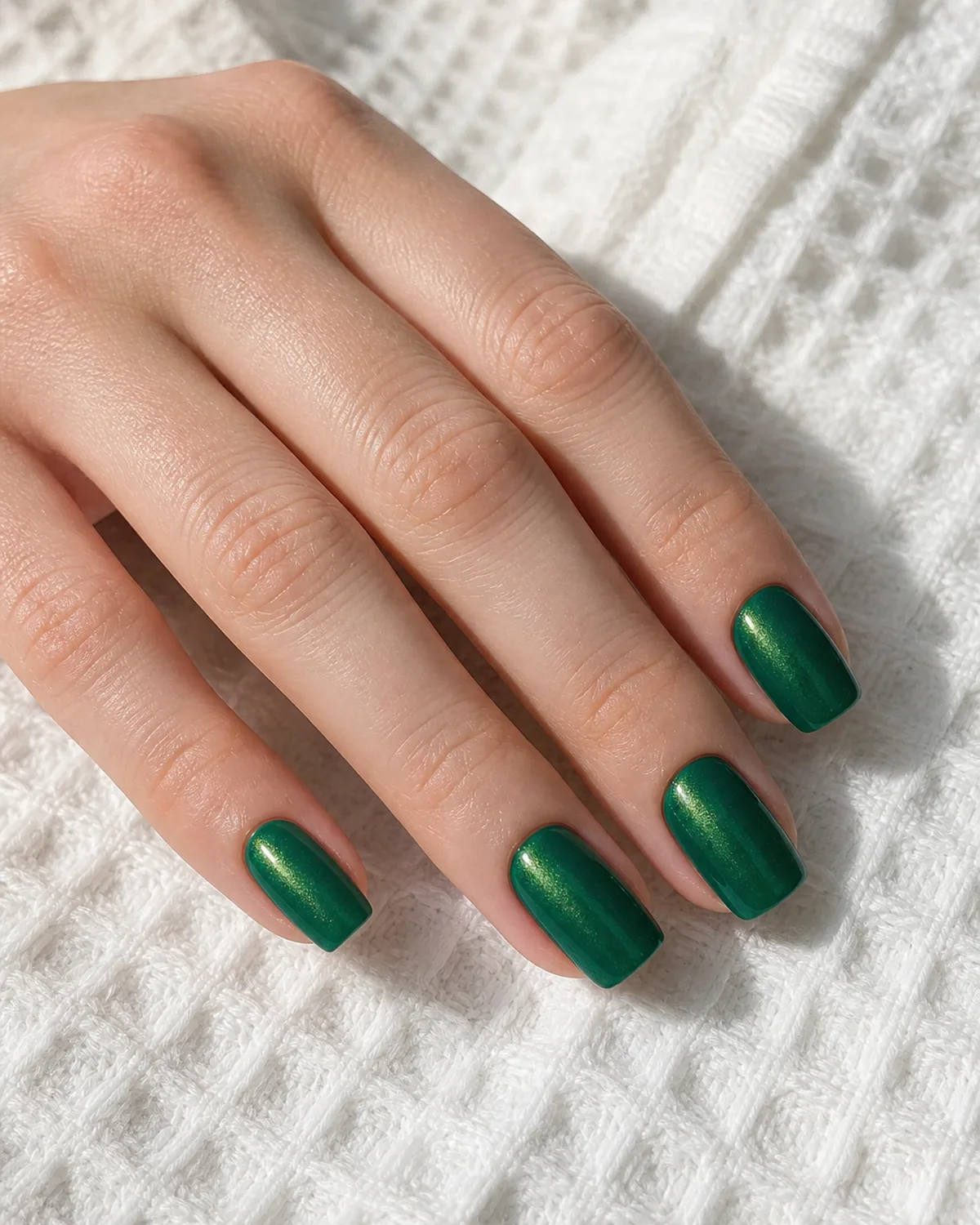Emerald duochrome shimmer on medium square nails