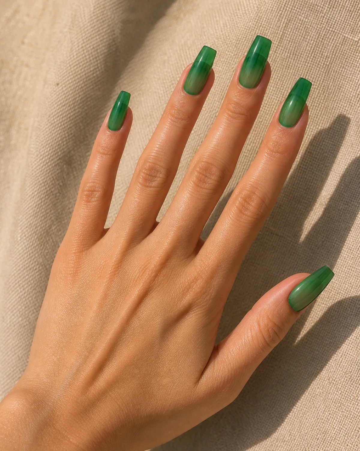 Translucent emerald jelly on coffin nails