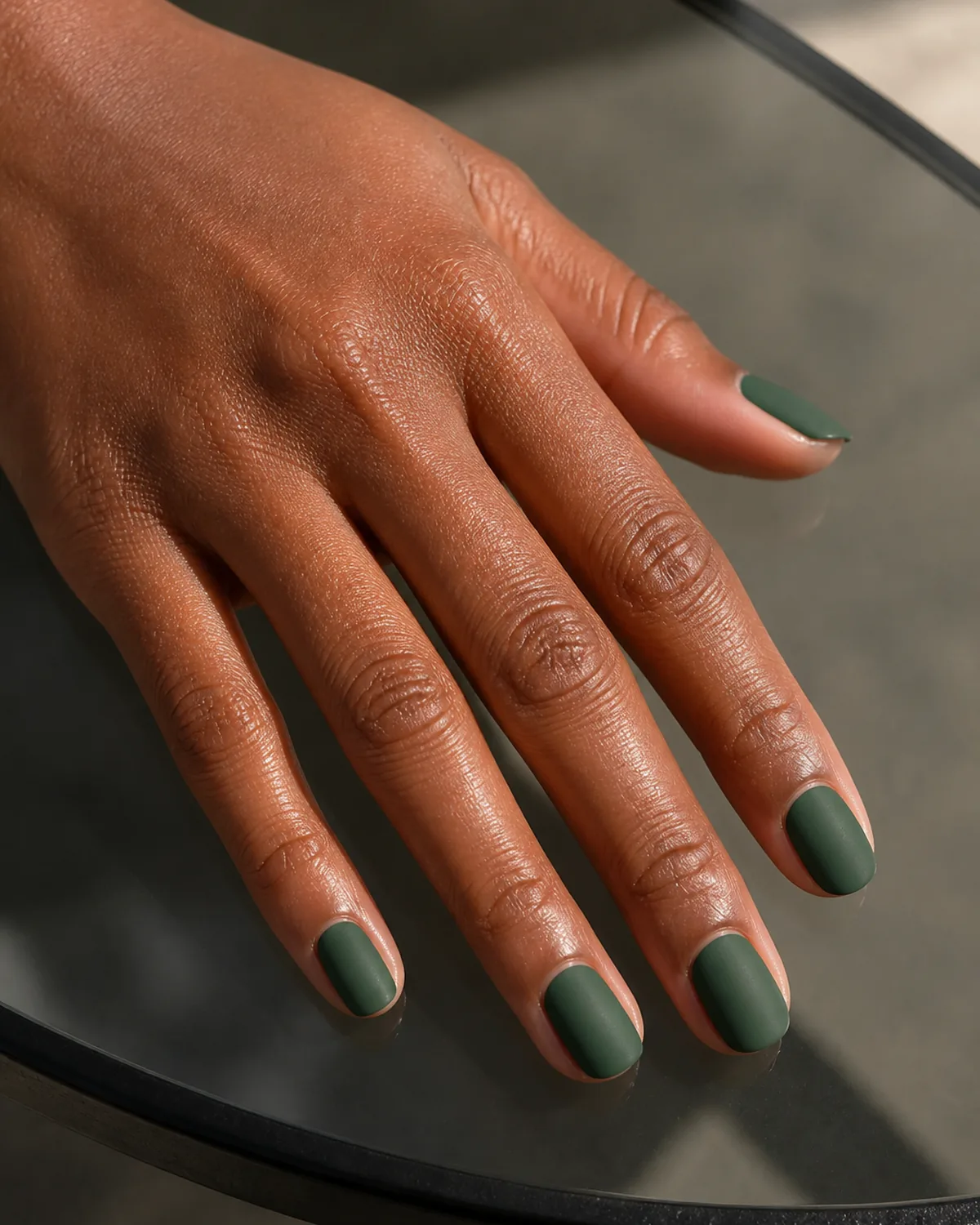 Matte moss-green on short oval nails