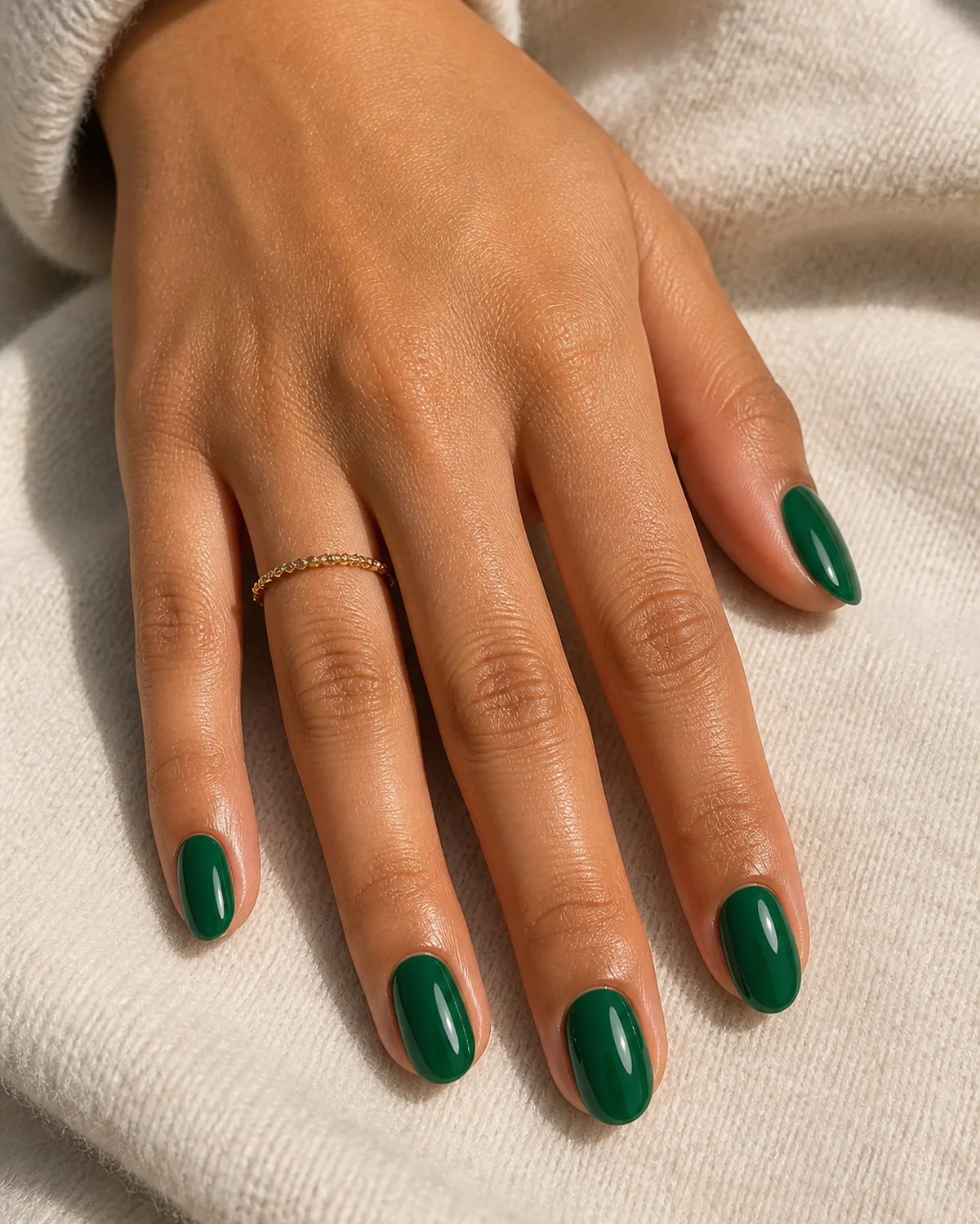 Mirror-gloss emerald on short almond nails