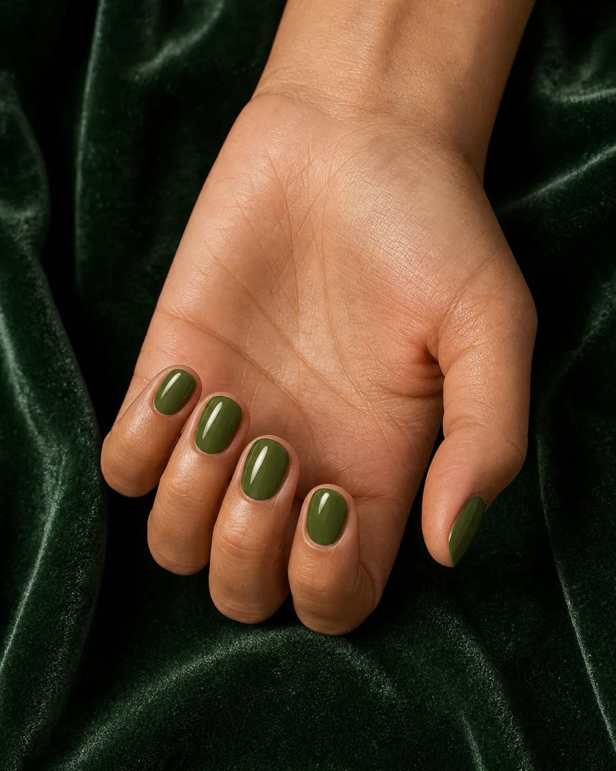 Warm olive-emerald cream on short round nails