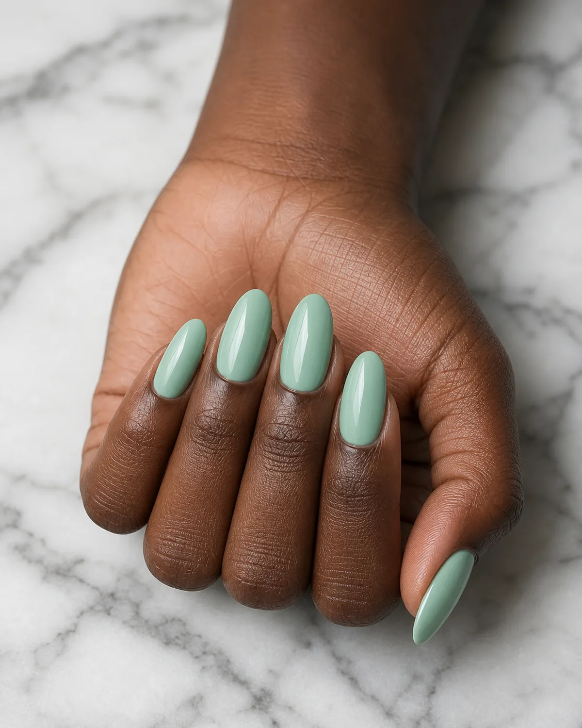 Pastel mint-emerald boundary cream on long oval nails