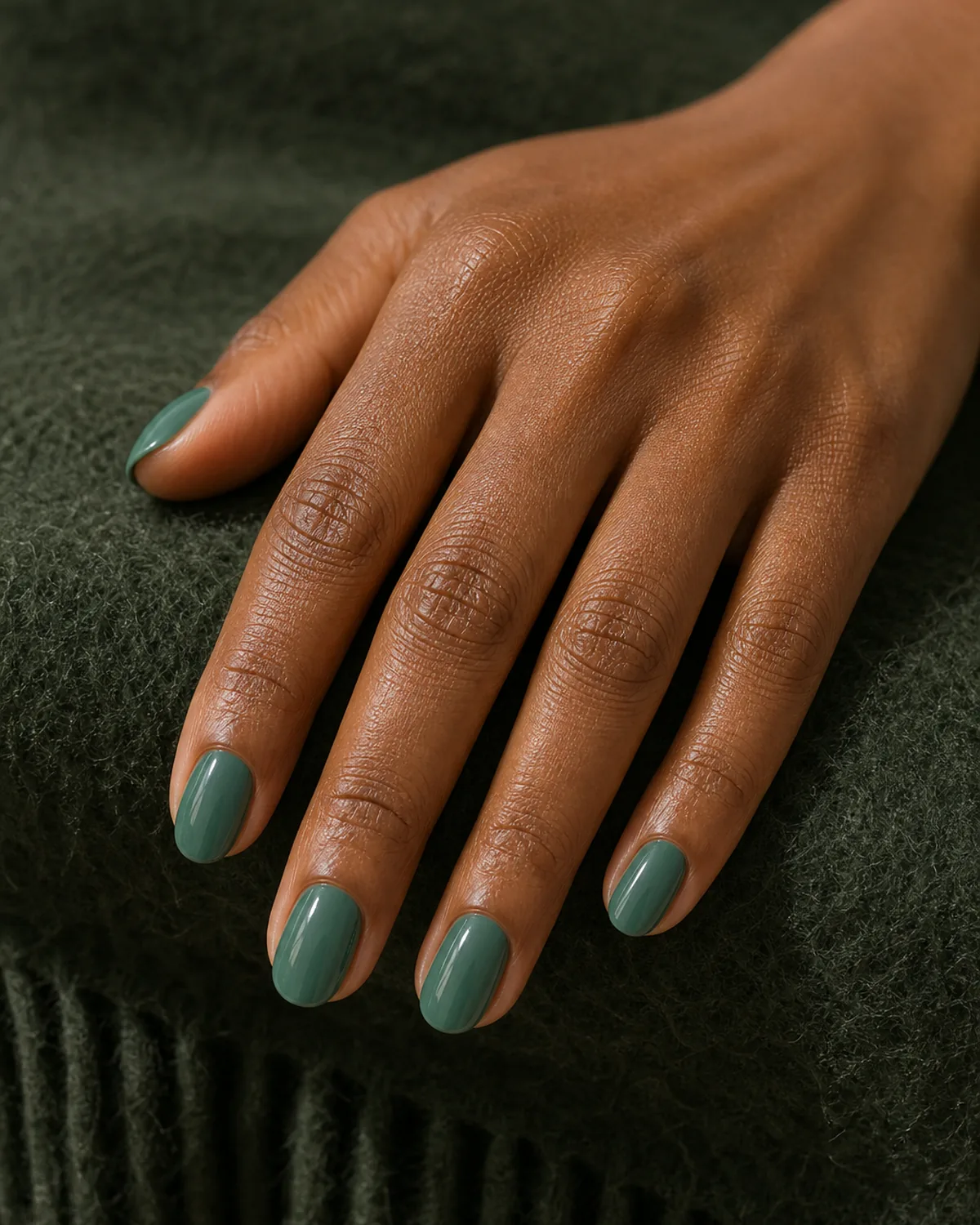 Sage-emerald boundary cream on oval nails
