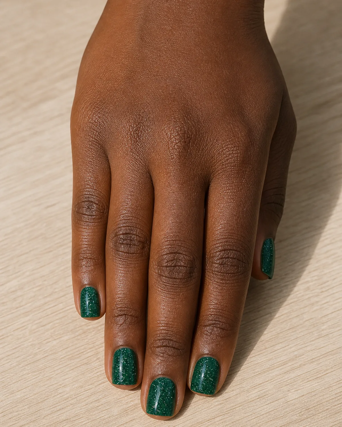 Emerald cream with fine silver glitter on a cropped square nails