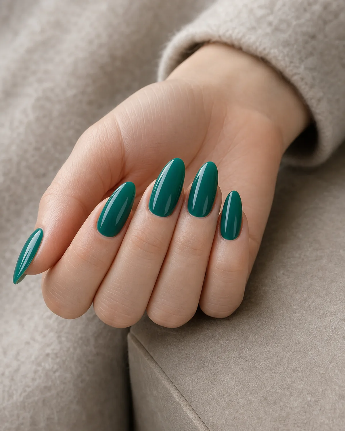 Cool teal-emerald gloss on long almond nails
