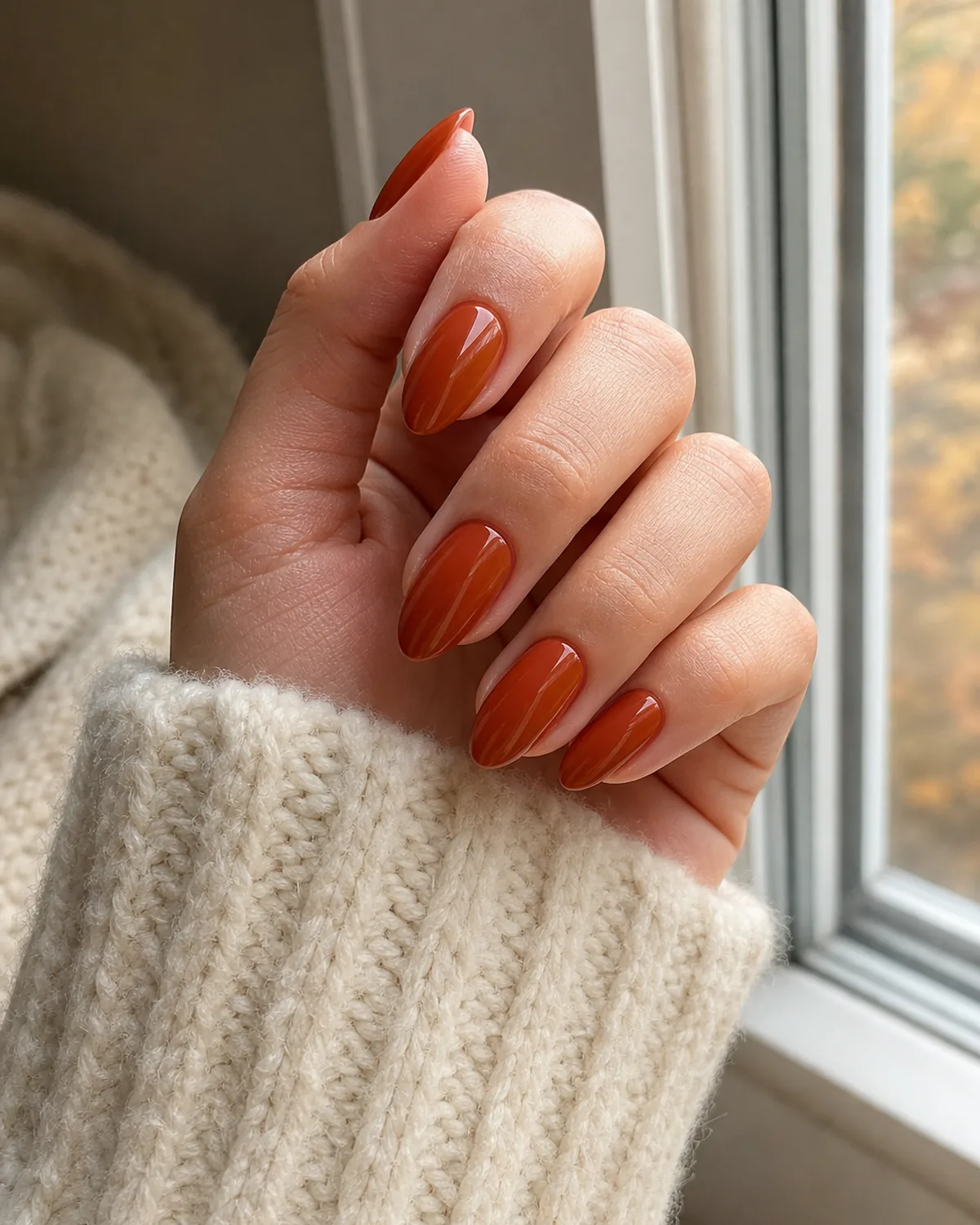 Close-up of medium almond nails in a glossy burnt orange, on light-medium skin resting on a cream knit sweater