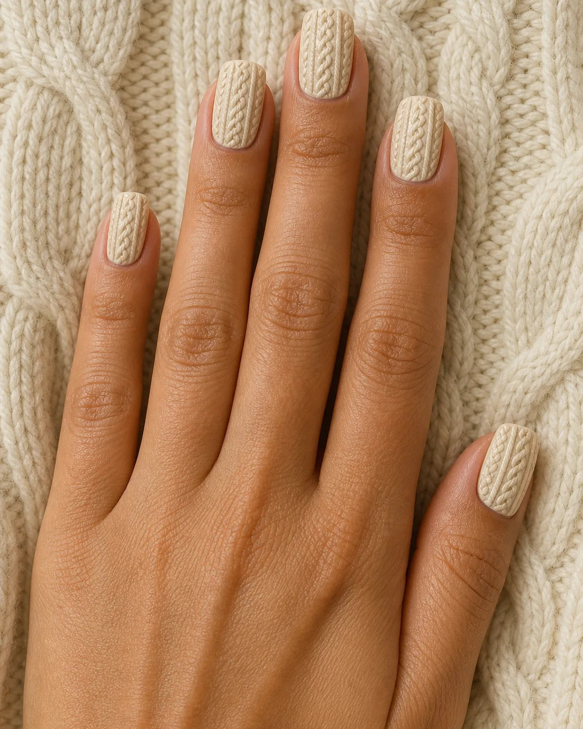 Close-up of square nails with a hand-painted cable-knit pattern in cream over an oatmeal base, on medium skin resting on an actual cream sweater