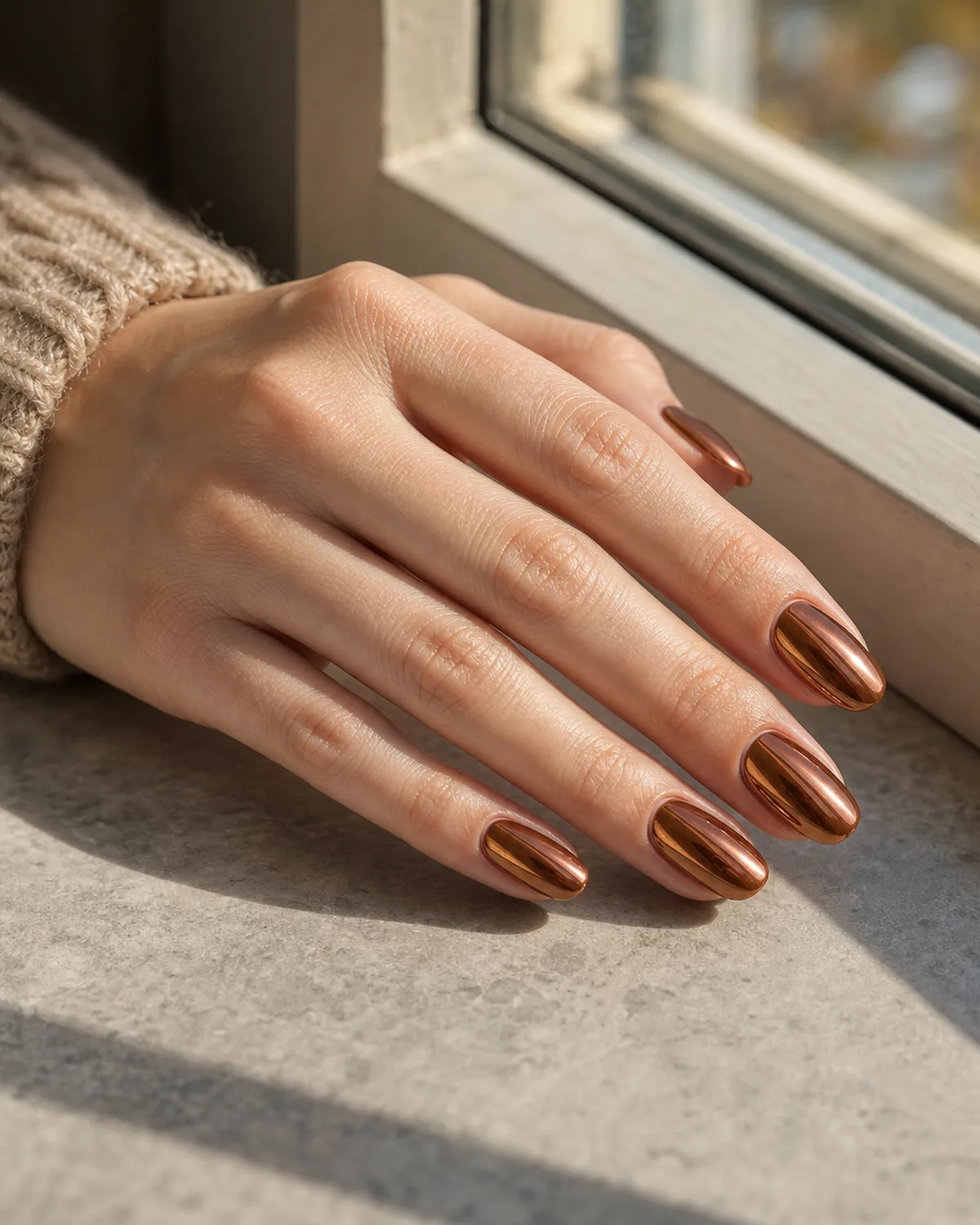 Close-up of oval nails in a metallic cognac-brown chrome finish, on fair skin near a window with warm afternoon light