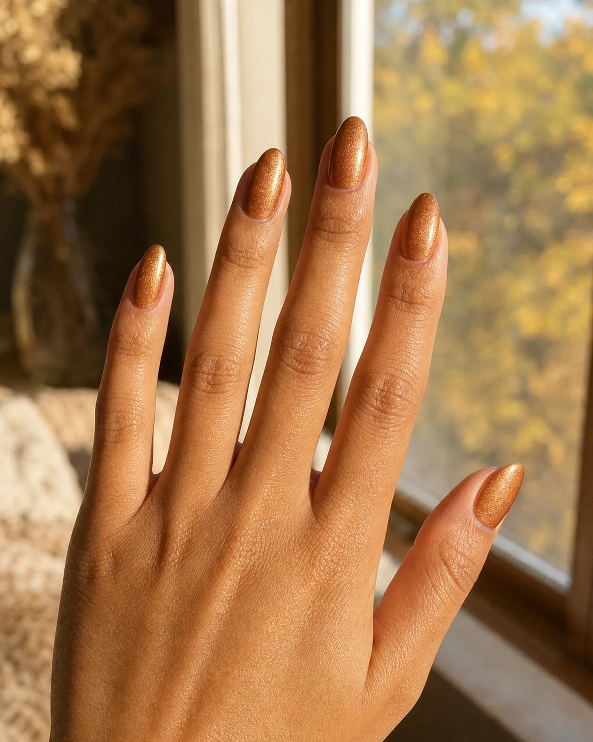 Close-up of medium almond nails in a copper-gold shimmer polish, on tan skin turned toward a sunlit window
