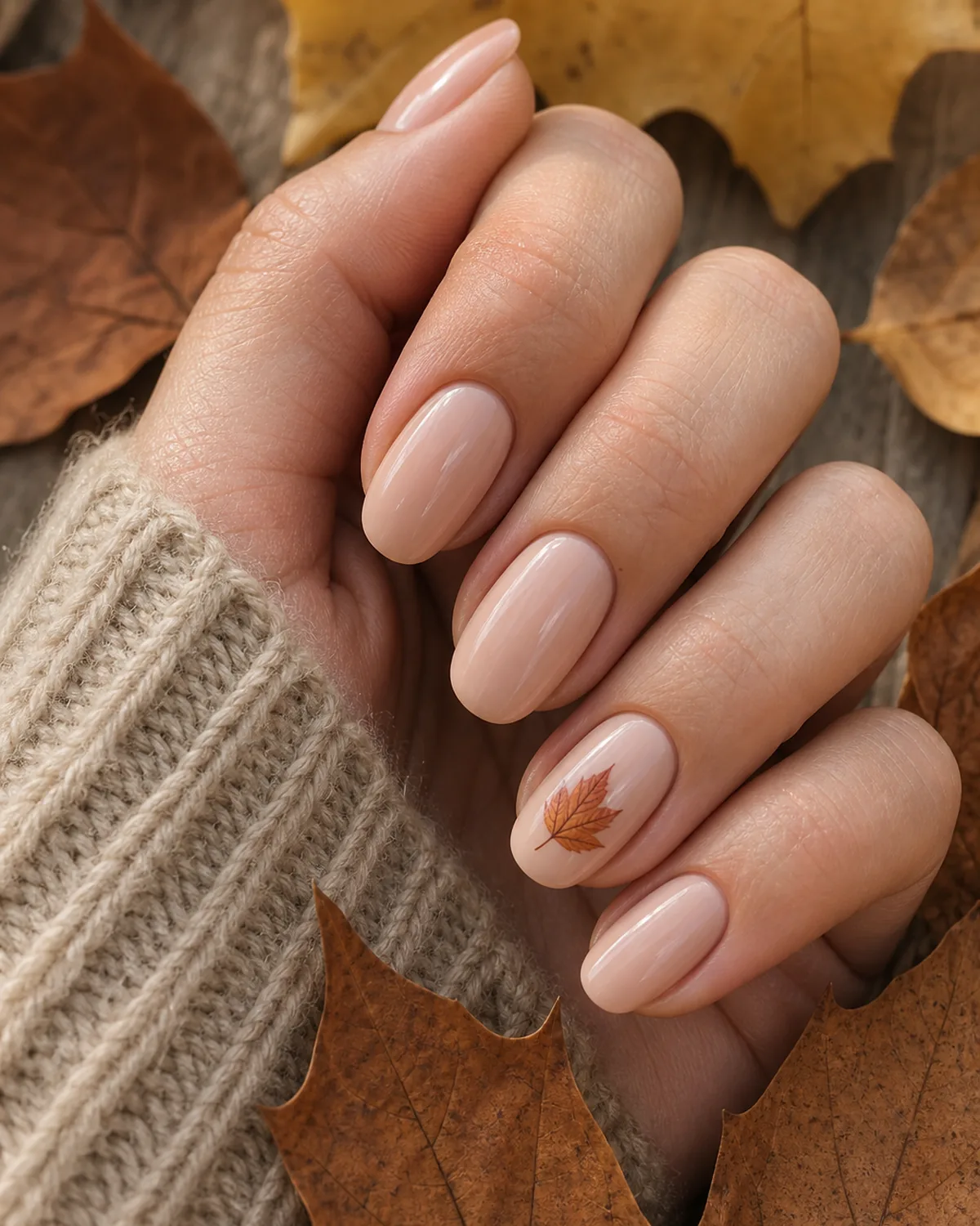 Close-up of oval nails with one hand-painted rust-gold leaf accent nail among plain glossy neutral nails, on light skin resting on scattered real autumn leaves