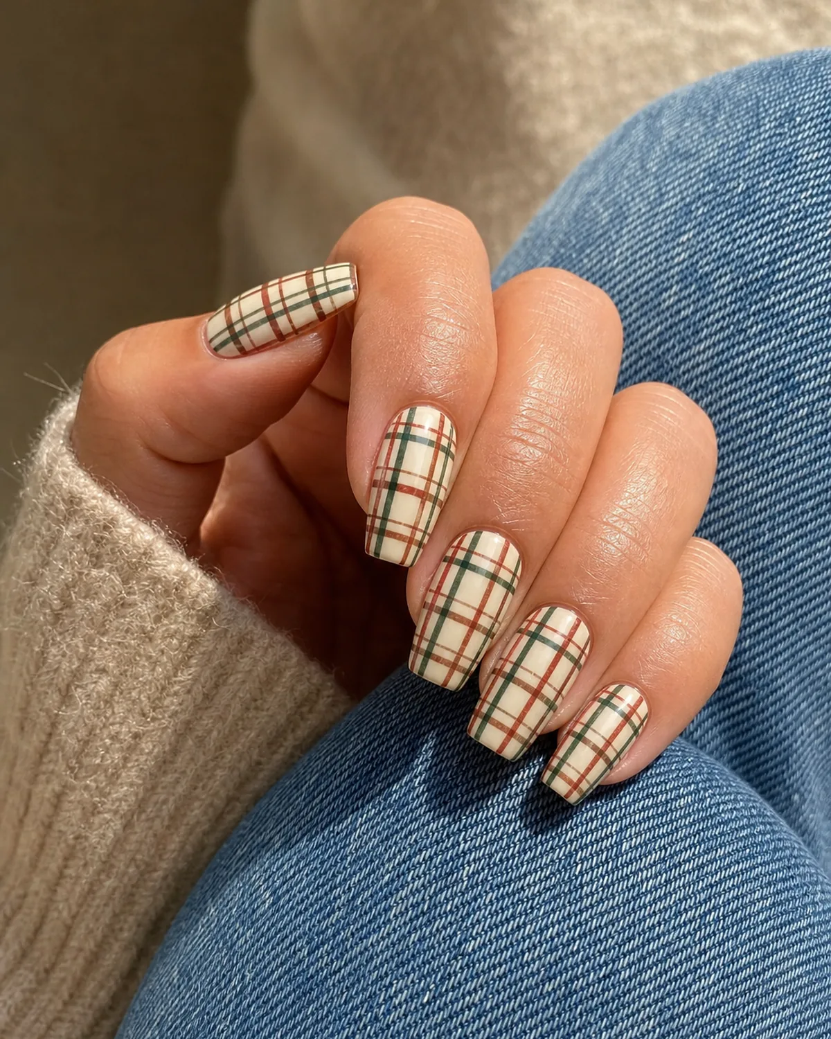 Close-up of medium coffin nails with a hand-painted flannel plaid pattern in rust and forest green over cream, on light-medium skin resting on denim