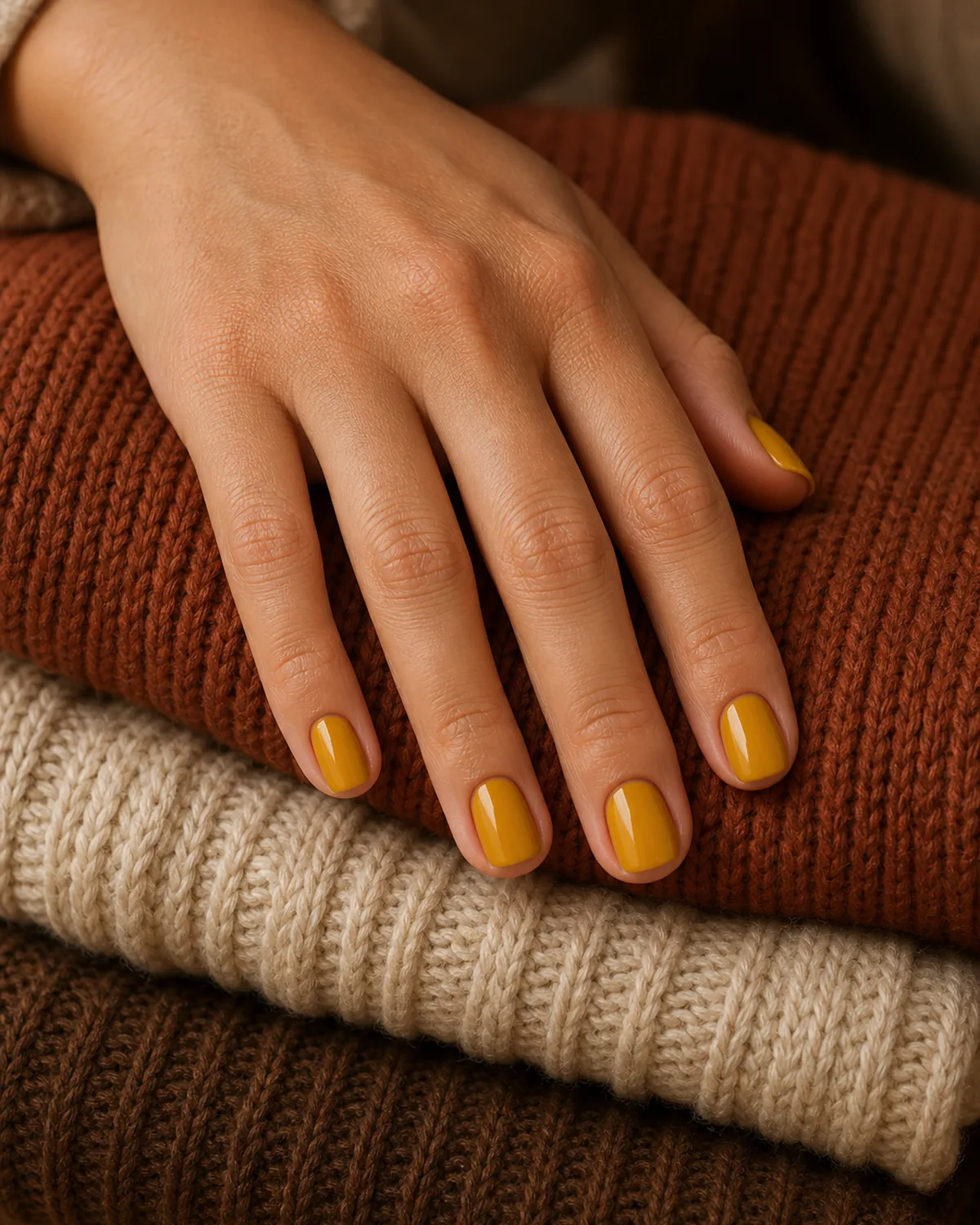 Close-up of short square nails in a glossy deep mustard yellow, on light-medium skin resting on a stack of autumn-toned sweaters