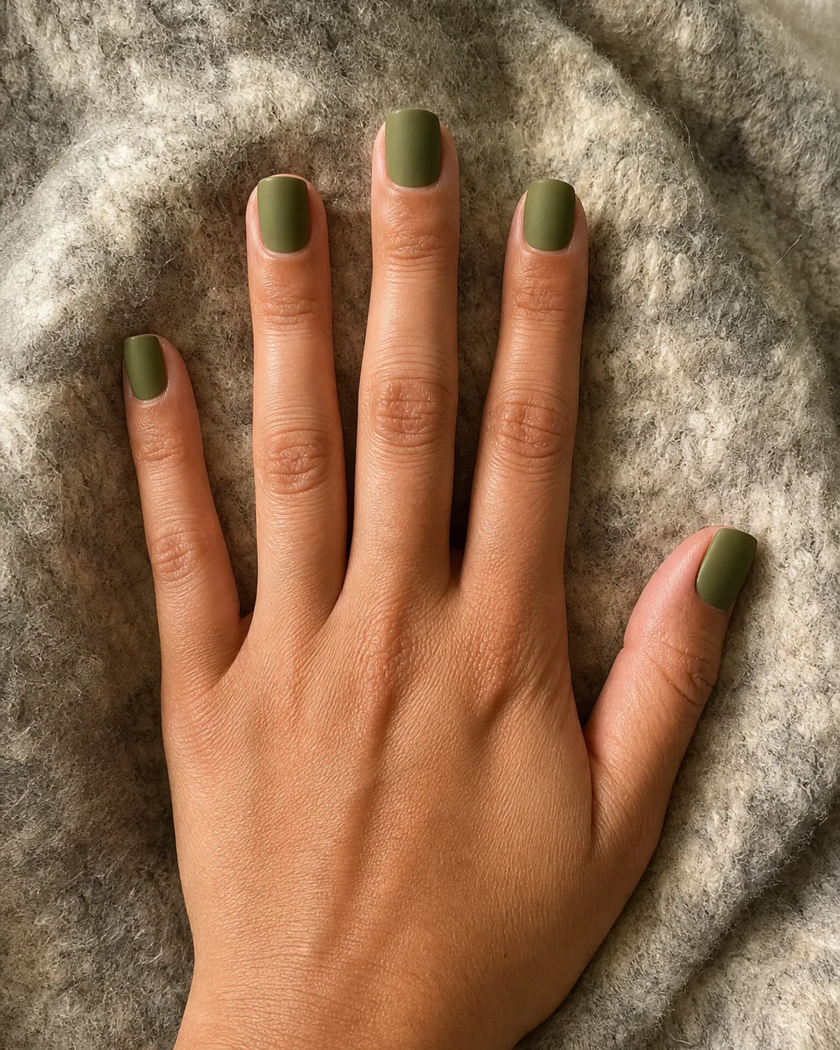 Close-up of square nails in a matte olive-moss green, on medium skin resting on a wool blanket