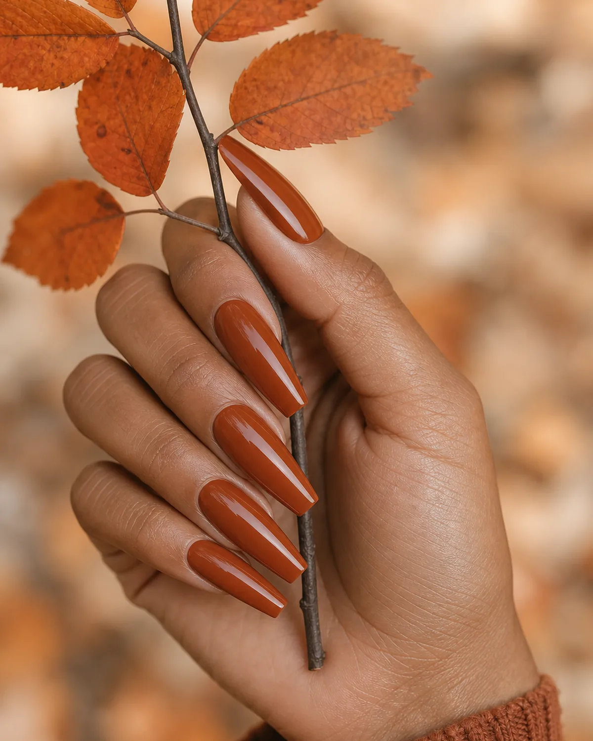 Close-up of long coffin nails in a glossy rust-terracotta shade, on tan skin holding a small branch of orange leaves