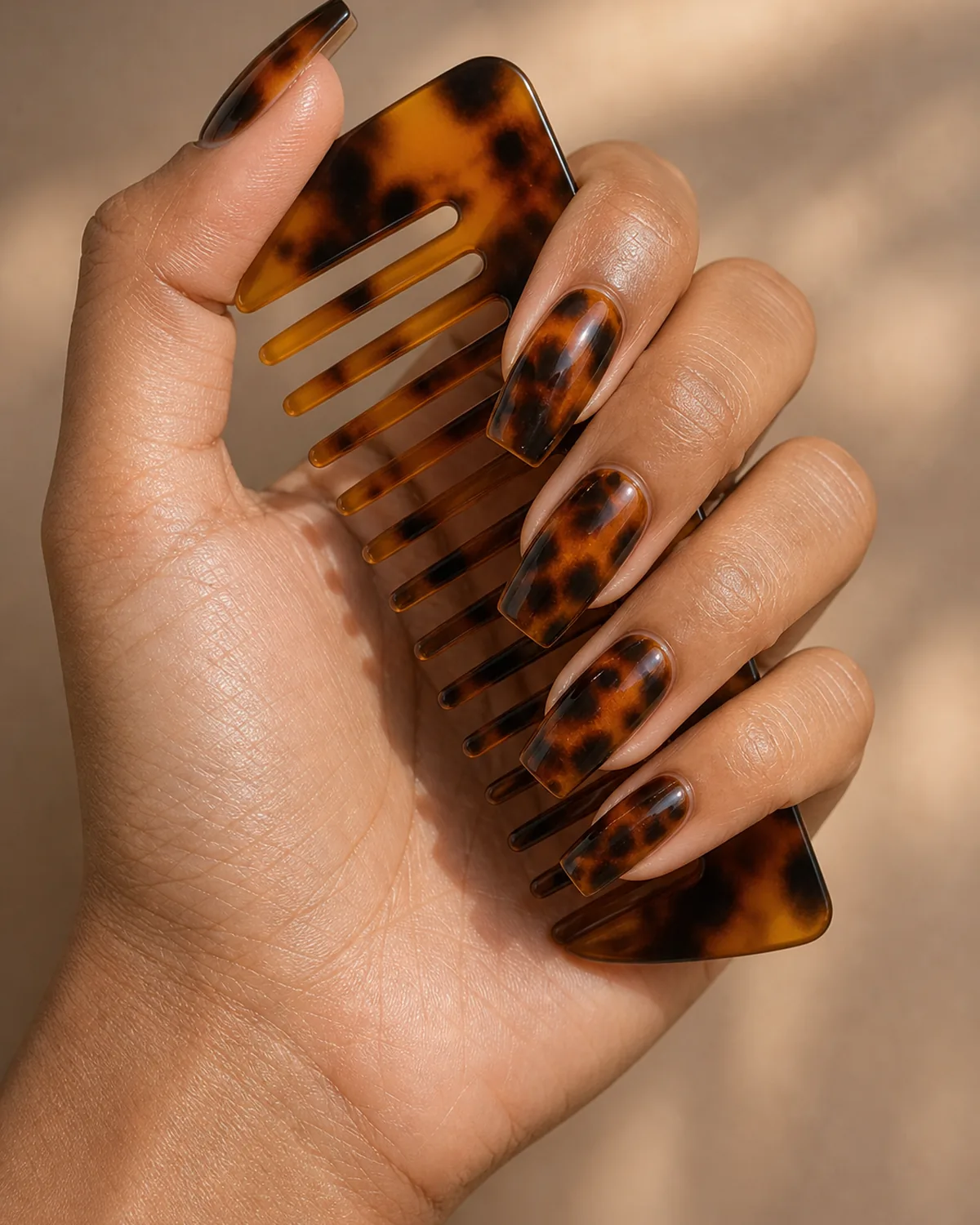 Close-up of coffin nails with a hand-painted tortoiseshell pattern in amber, cognac, and near-black, on medium skin resting on a tortoiseshell hair accessory