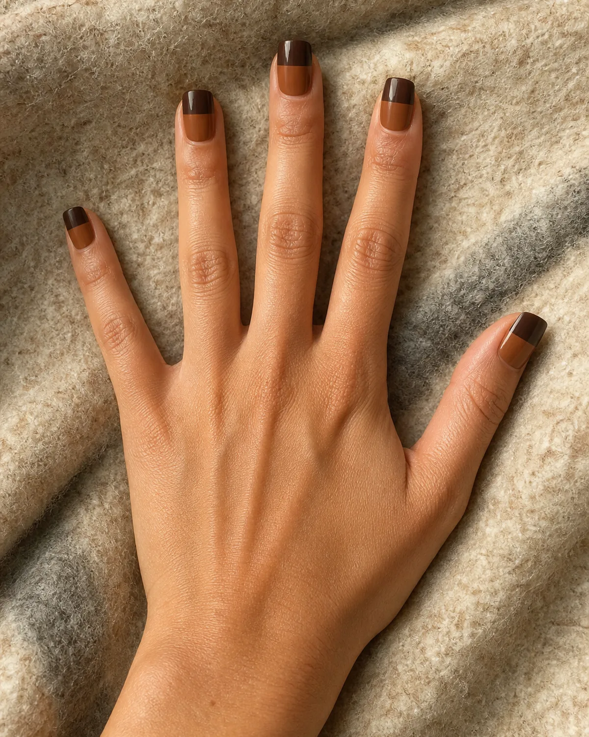Close-up of medium square nails with two distinct umber-brown tones divided by a crisp line, on medium skin resting on a wool throw