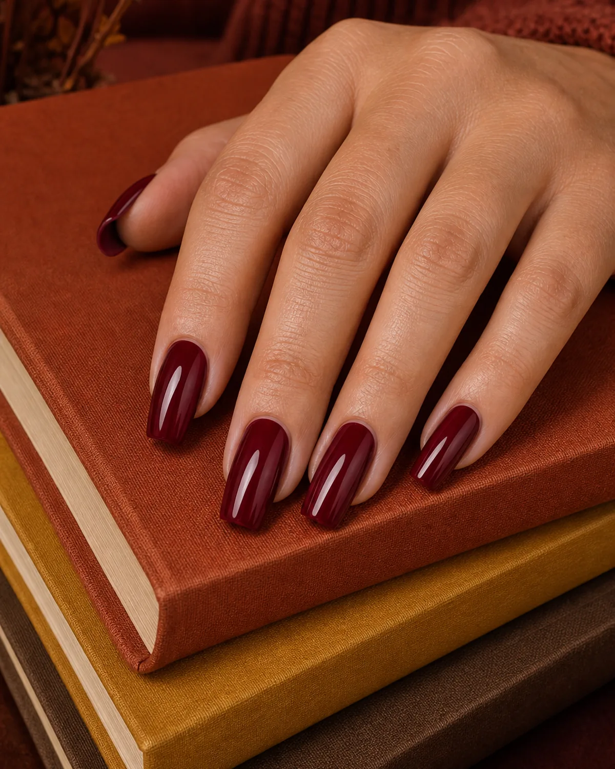 Close-up of long square nails in a glossy true wine tone, on light-medium skin resting on a stack of autumn-toned books