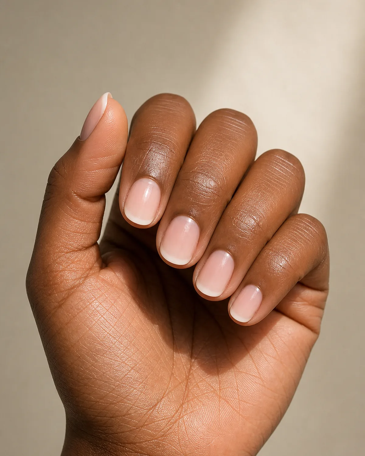 Relaxed loose fist with short round nails in a barely-there French ombre, deep warm skin tone