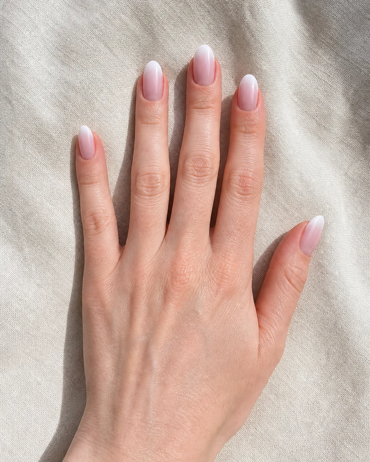 Top-down view of a single hand splayed flat on cream linen, medium oval nails with classic baby boomer French ombre gradient