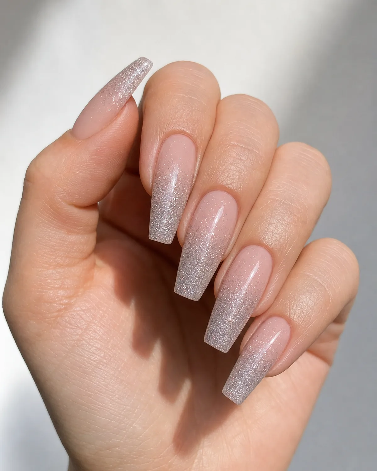 Close macro of fingertips in a soft claw pose, long coffin nails with silver micro-glitter French ombre fade, light warm skin