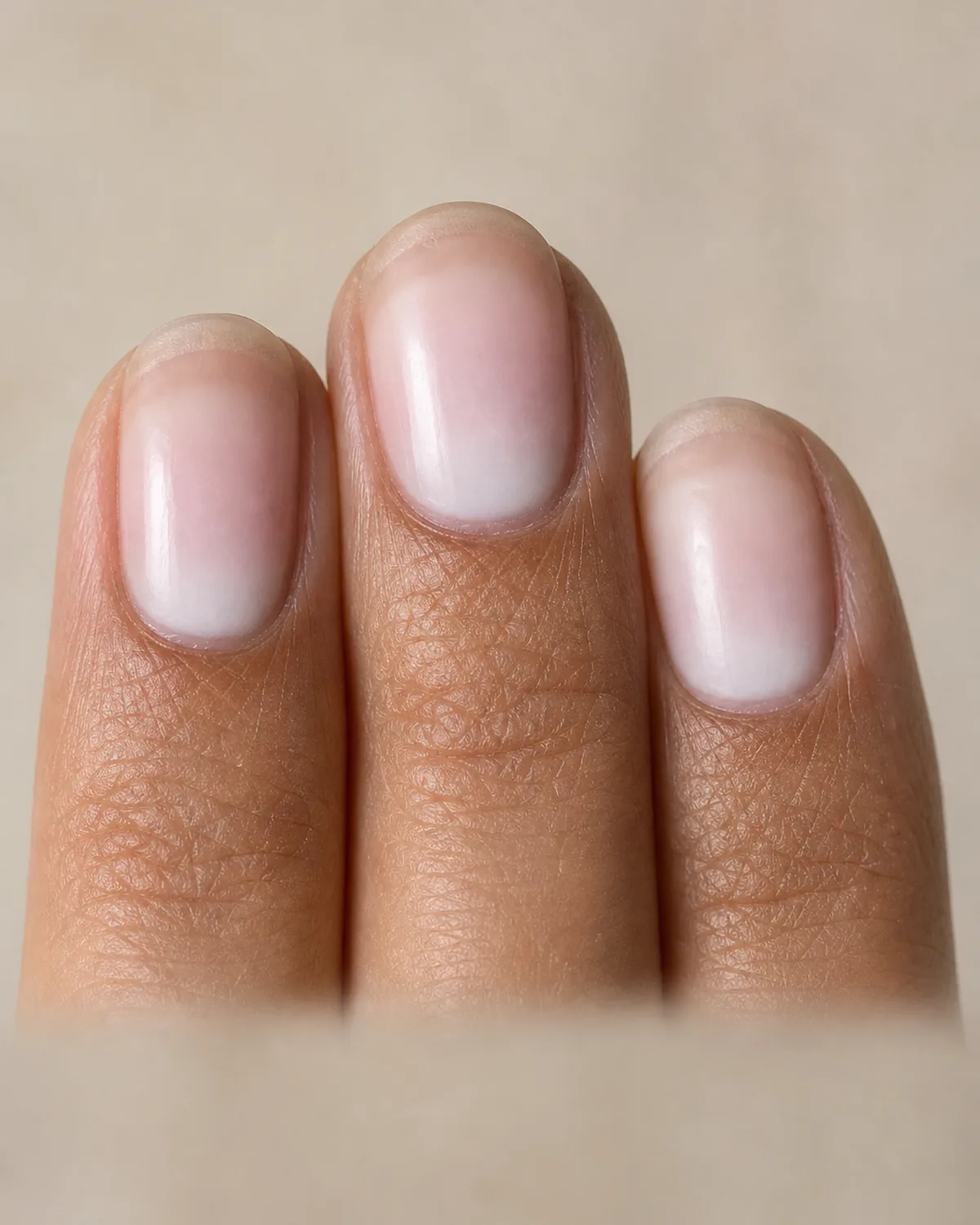 Extreme close macro of two fingertips with medium round nails showing French ombre at three-week grow-out, olive skin